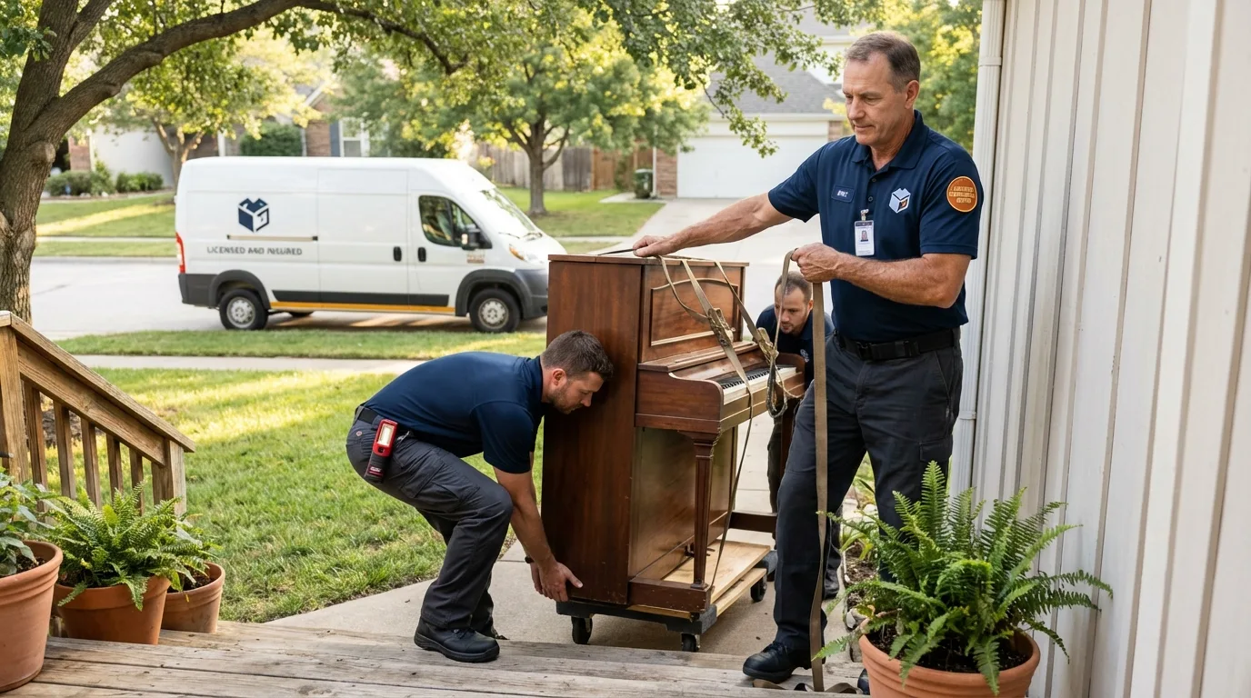 Licensed piano movers securing grand piano in Vergennes, VT