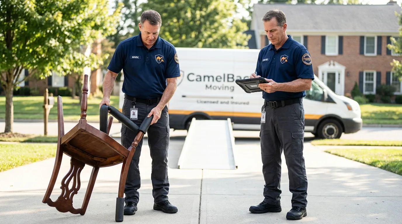 Movers inspecting furniture for damage prevention before loading in Vergennes, VT