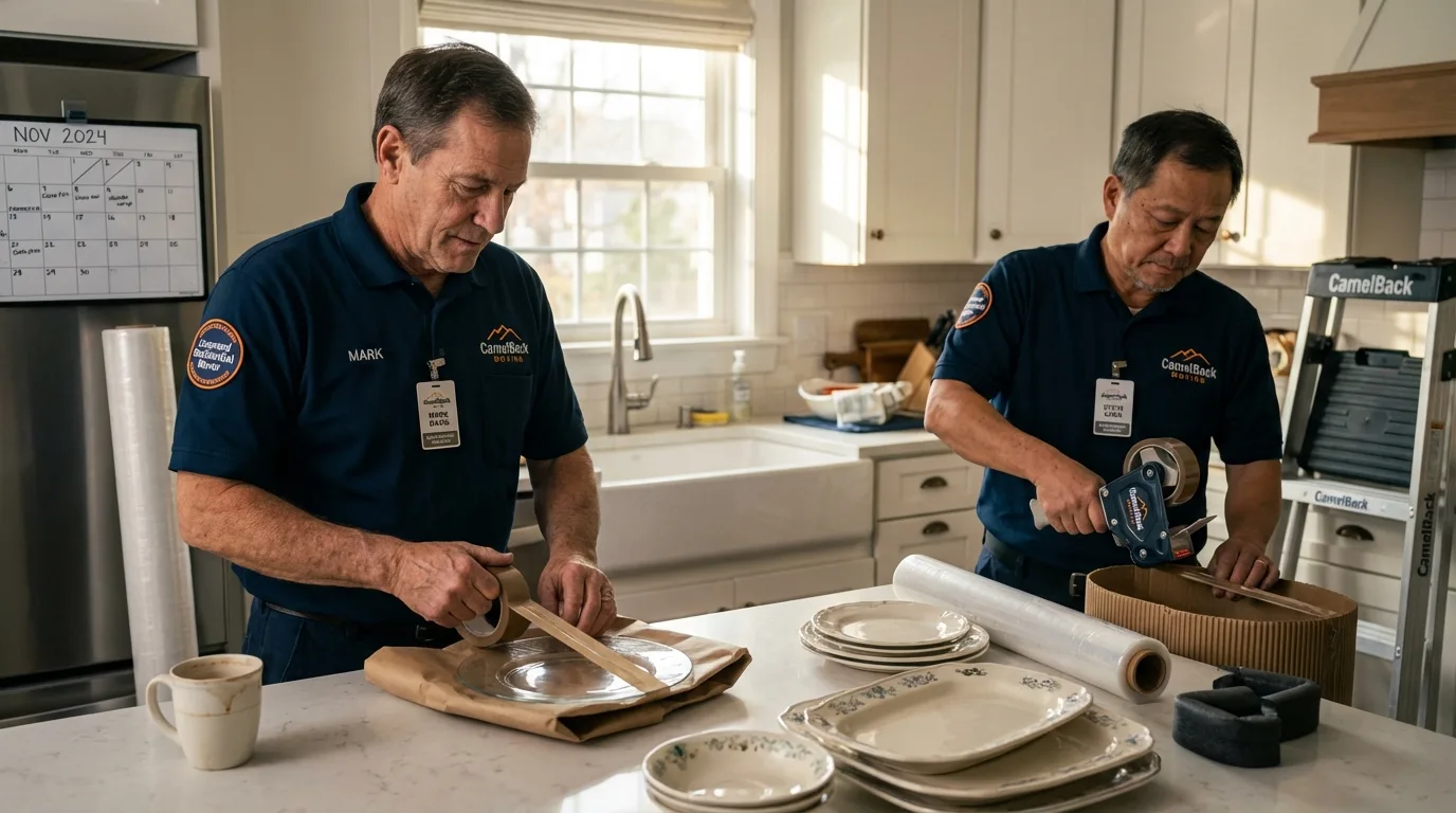 Professional crew packing kitchen dishware in Vergennes, VT